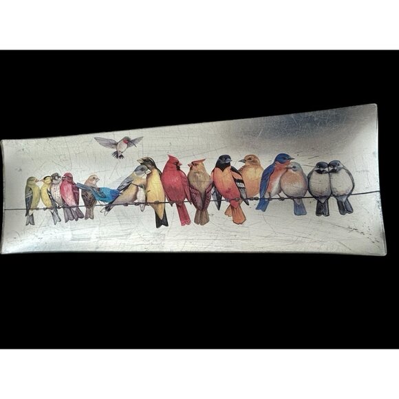 Vintage Birds of a Feather Metallic Back Painted Glass 18" Rectangle Server - Picture 4 of 7
